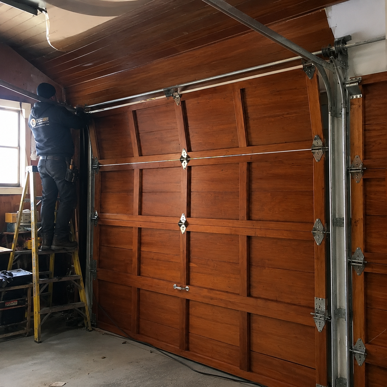 Faux-wood carriage garage door on a Marina-area home in San Leandro